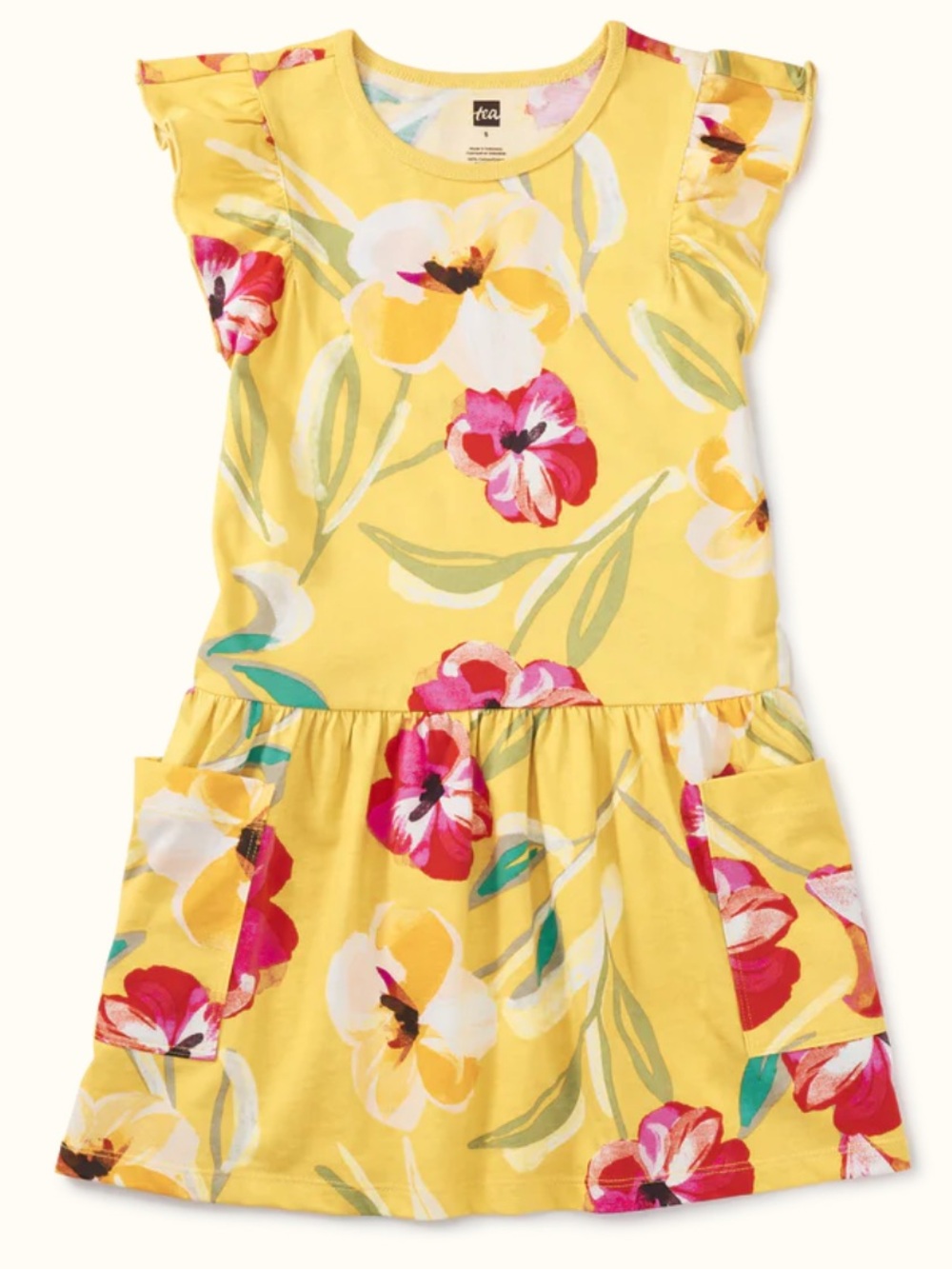 Tea Collection Flutter Sleeve Pocket Dress Painterly Hibiscus Yellow Size 14
